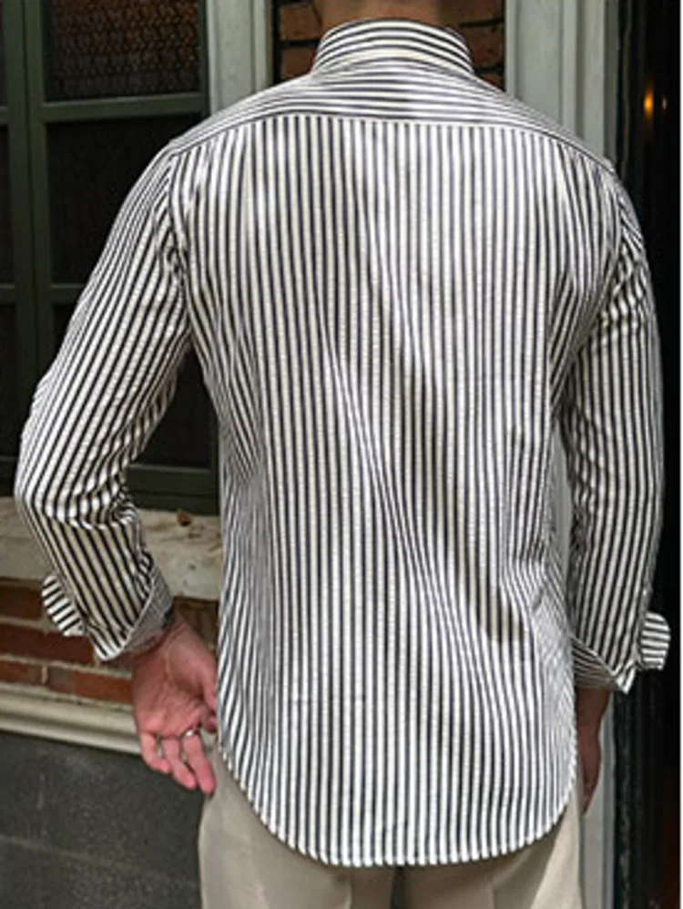 Summer British Casual Seersucker Striped Long Sleeve Shirt Men's Slim Casual Business Shirt High Quality Camisa Social Masculina