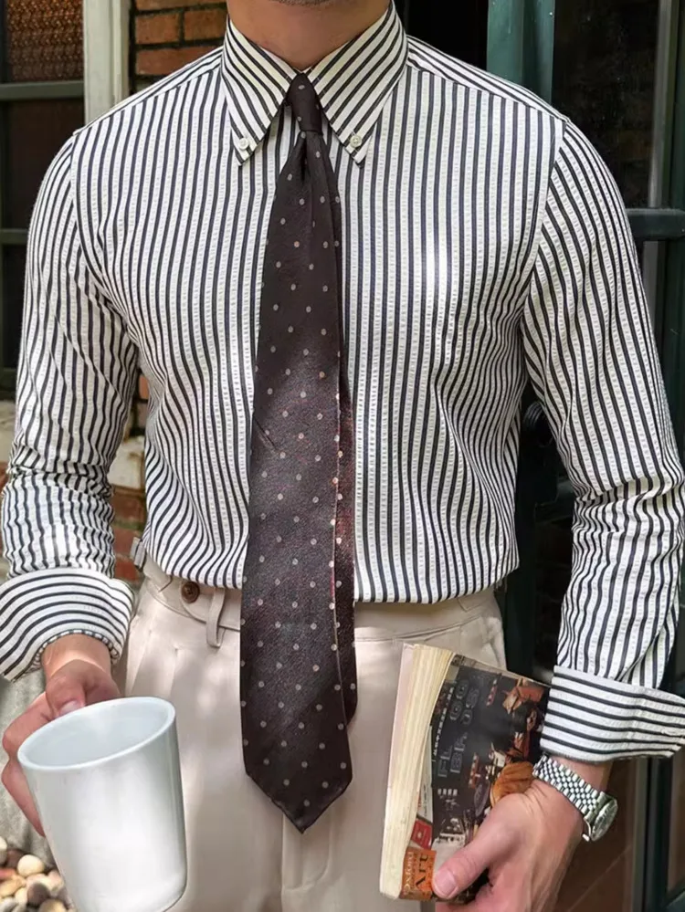 Summer British Casual Seersucker Striped Long Sleeve Shirt Men's Slim Casual Business Shirt High Quality Camisa Social Masculina