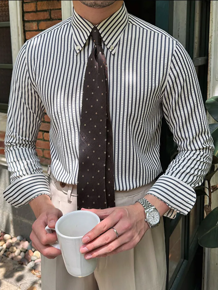 Summer British Casual Seersucker Striped Long Sleeve Shirt Men's Slim Casual Business Shirt High Quality Camisa Social Masculina