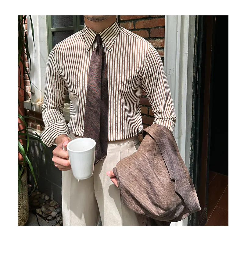 Summer British Casual Seersucker Striped Long Sleeve Shirt Men's Slim Casual Business Shirt High Quality Camisa Social Masculina