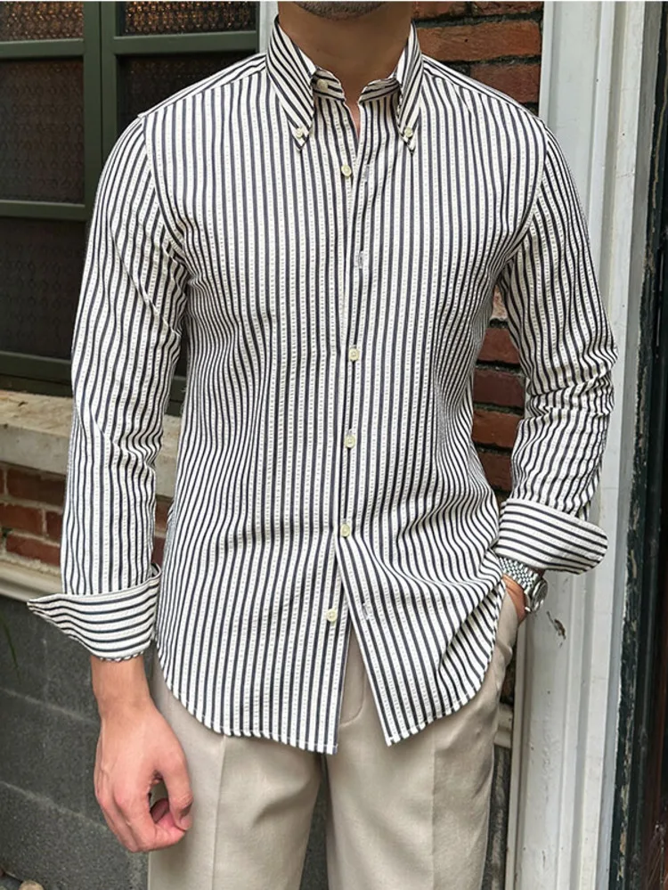 Summer British Casual Seersucker Striped Long Sleeve Shirt Men's Slim Casual Business Shirt High Quality Camisa Social Masculina