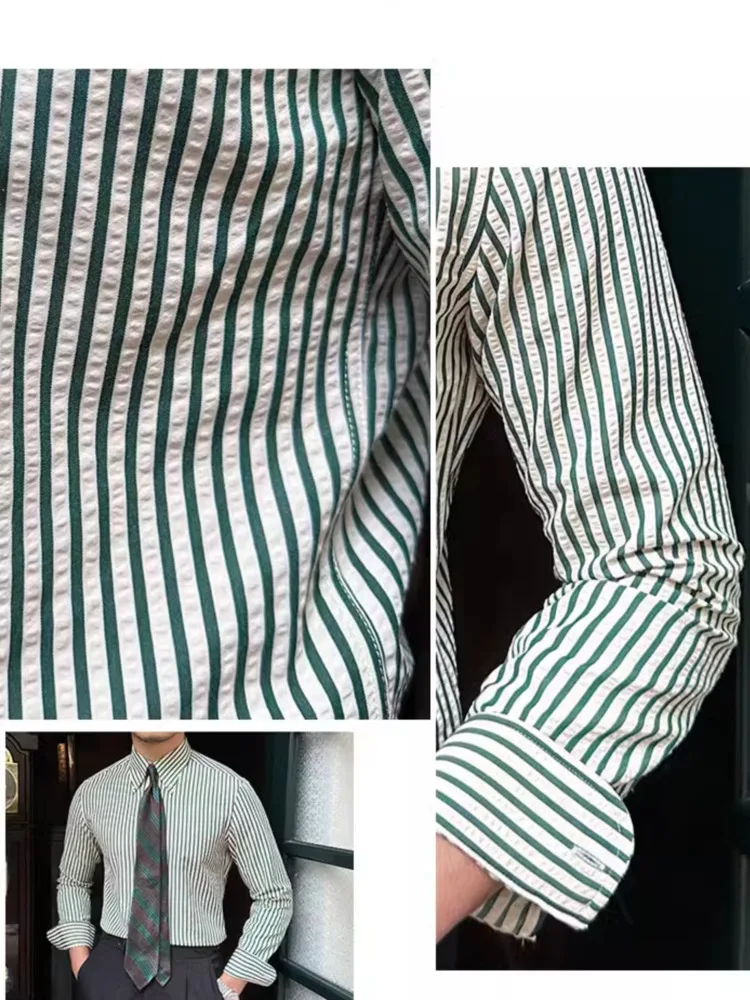 Summer British Casual Seersucker Striped Long Sleeve Shirt Men's Slim Casual Business Shirt High Quality Camisa Social Masculina