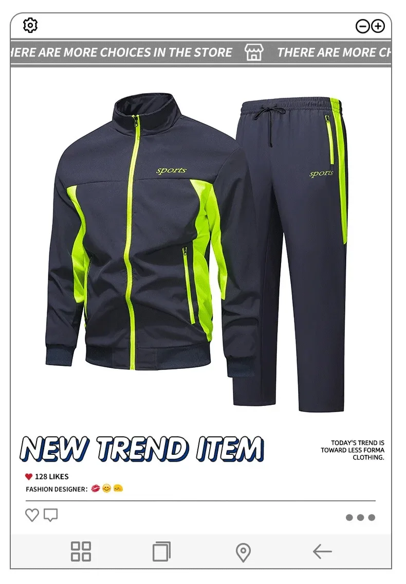 Men's Spring Autumn Track Suit 2 Piece Set Stand Collar Jacket with Pants Casual Sports Running Outfit Matching Athletic Wear