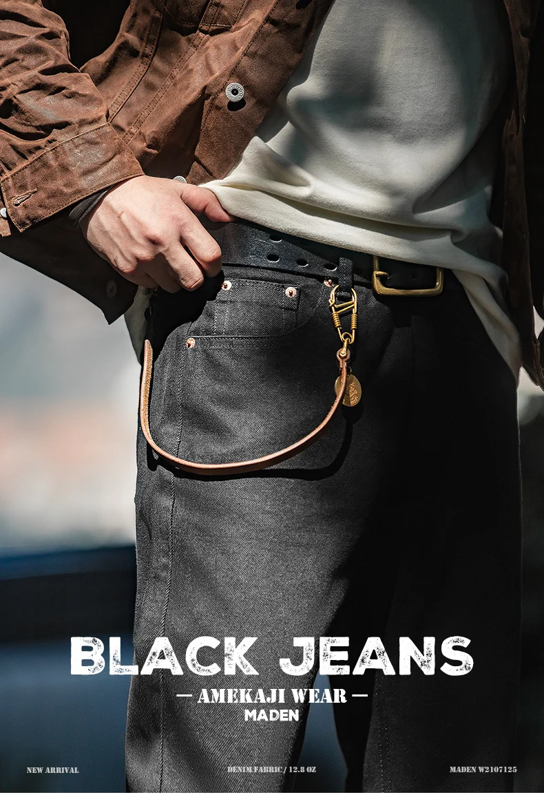 Maden Men Baggy Denim Jeans American Retro Pure Black Mid-waist Jeans Water Washed Straight Pocket Classic Style Tannin Pants