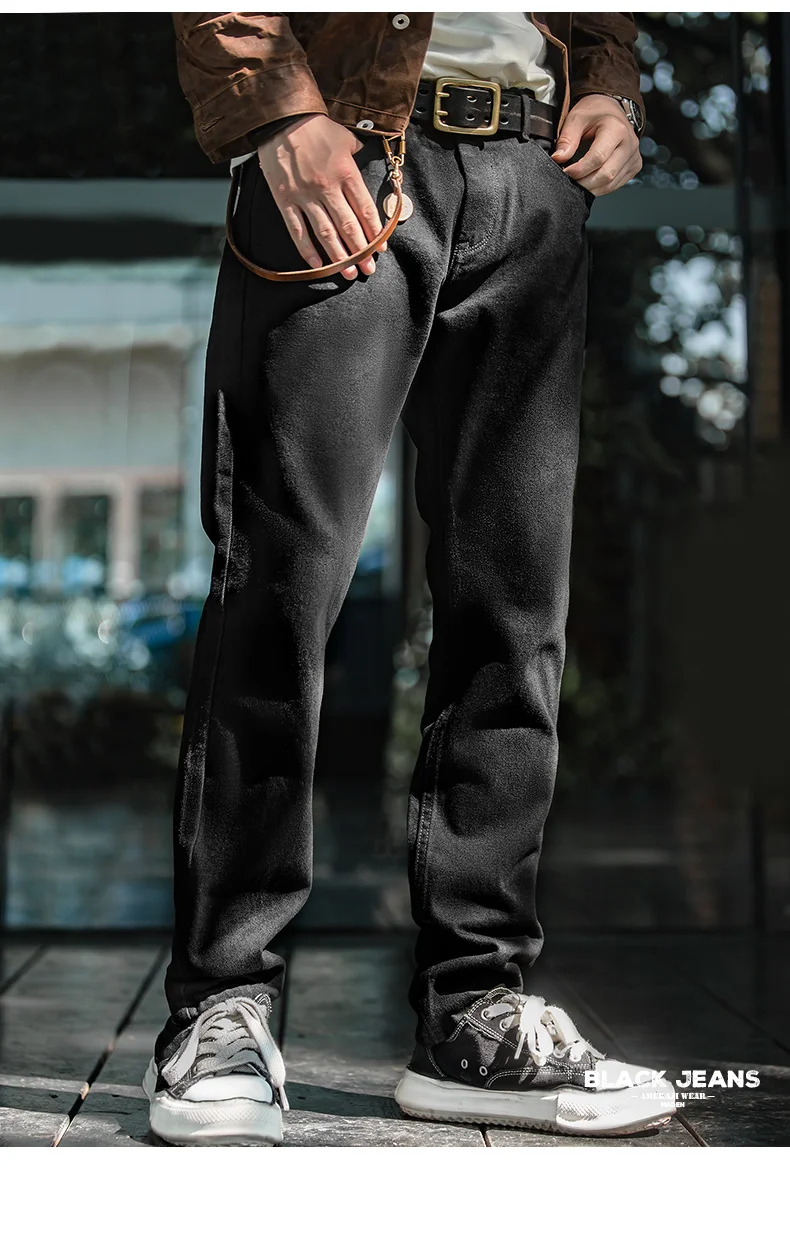Maden Men Baggy Denim Jeans American Retro Pure Black Mid-waist Jeans Water Washed Straight Pocket Classic Style Tannin Pants