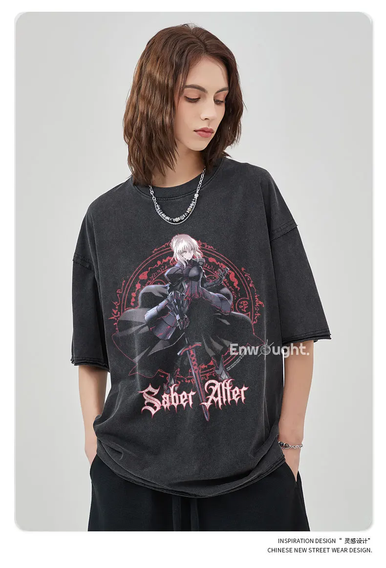 Saber T Shirt Anime Fate Rin Oversized Vintage Washed T-shirts Streetwear Retro Manga DTG Printing Tops Tees Men 100% Cotton