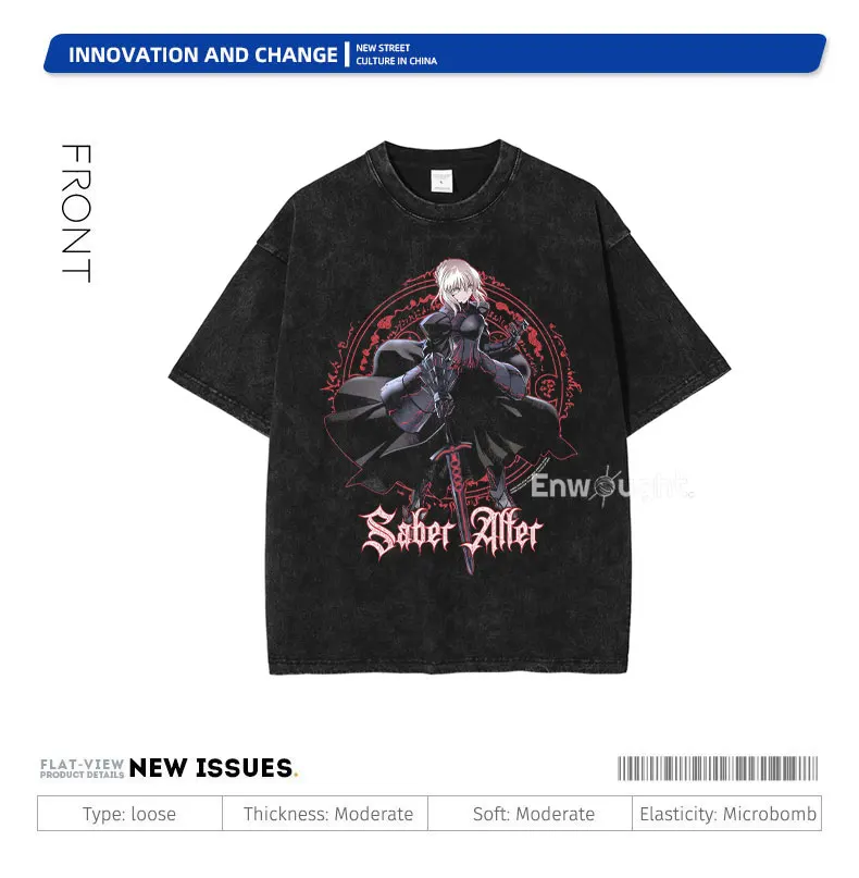 Saber T Shirt Anime Fate Rin Oversized Vintage Washed T-shirts Streetwear Retro Manga DTG Printing Tops Tees Men 100% Cotton