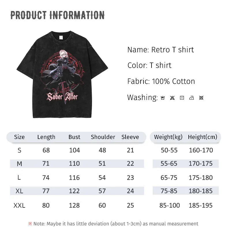 Saber T Shirt Anime Fate Rin Oversized Vintage Washed T-shirts Streetwear Retro Manga DTG Printing Tops Tees Men 100% Cotton