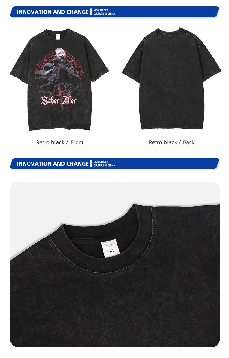 Saber T Shirt Anime Fate Rin Oversized Vintage Washed T-shirts Streetwear Retro Manga DTG Printing Tops Tees Men 100% Cotton