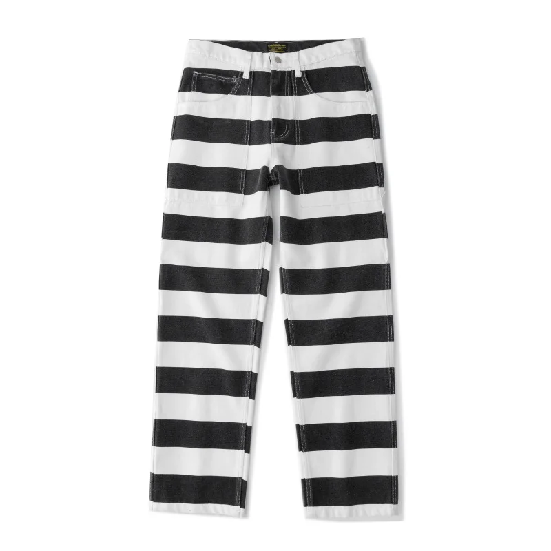 16oz 100% Cotton Heavyweight Striped Work Pants - Thick Canvas Rock & Roll Motorcycle Trousers / Amekaji Rider's Jeans OKONKWO