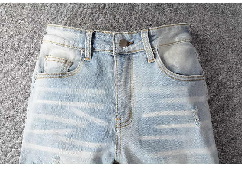 Men Crystal Holes Ripped Patchwork Jeans Streetwear Light Blue Denim Slim Skinny Pencil Pants Trousers