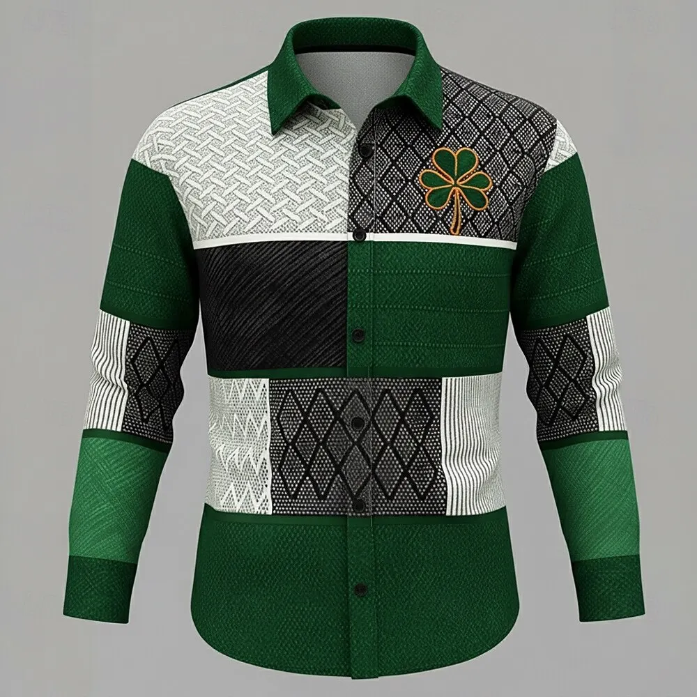 Men's casual long-sleeved shirt, blue and black color blocking pattern adorned with a trefoil logo comfortable button-down shirt