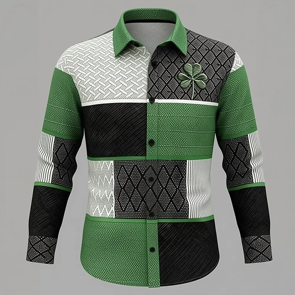 Men's casual long-sleeved shirt, blue and black color blocking pattern adorned with a trefoil logo comfortable button-down shirt