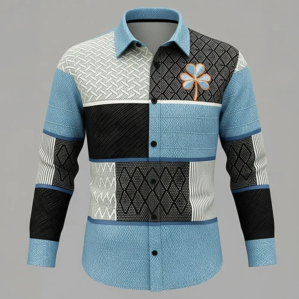 Men's casual long-sleeved shirt, blue and black color blocking pattern adorned with a trefoil logo comfortable button-down shirt
