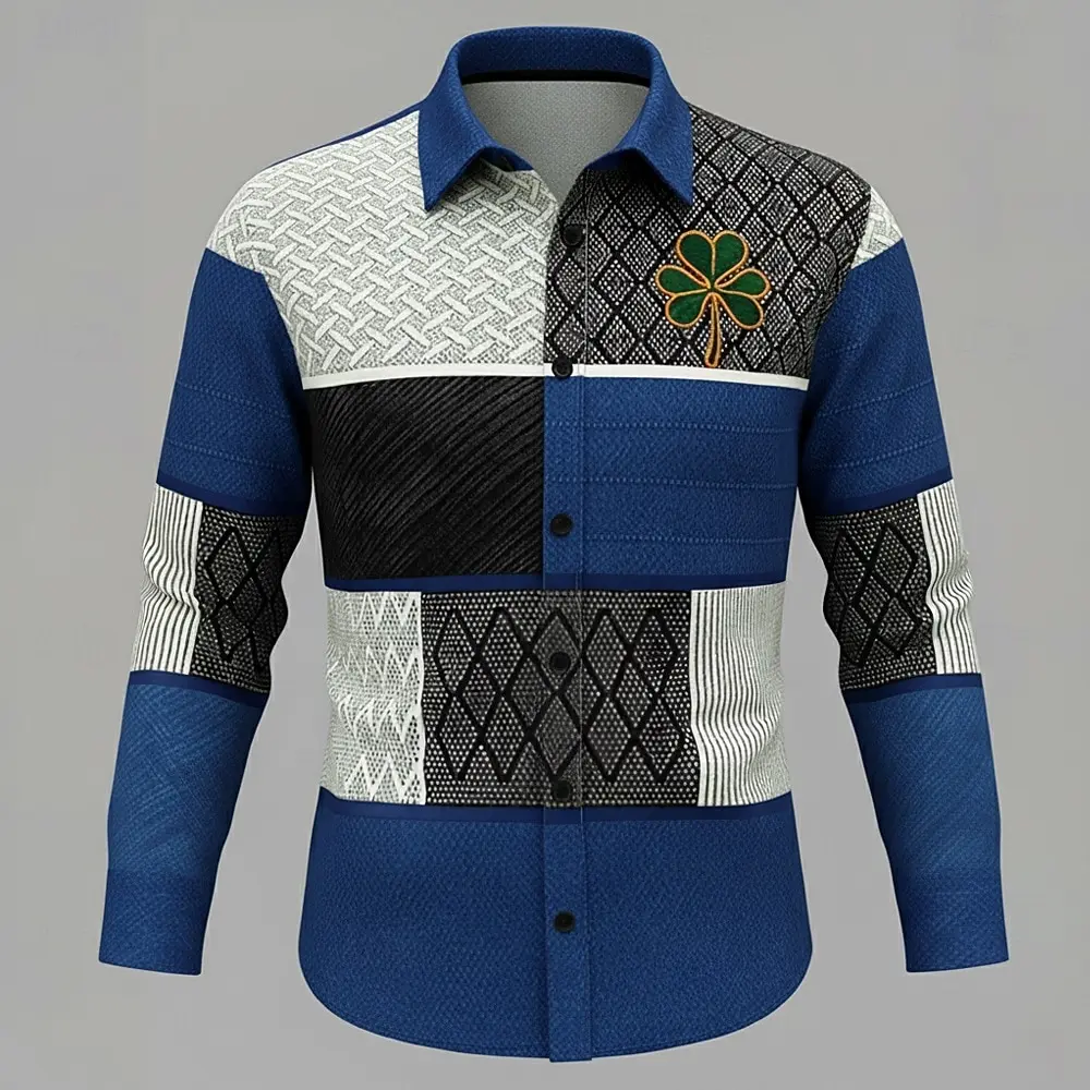 Men's casual long-sleeved shirt, blue and black color blocking pattern adorned with a trefoil logo comfortable button-down shirt