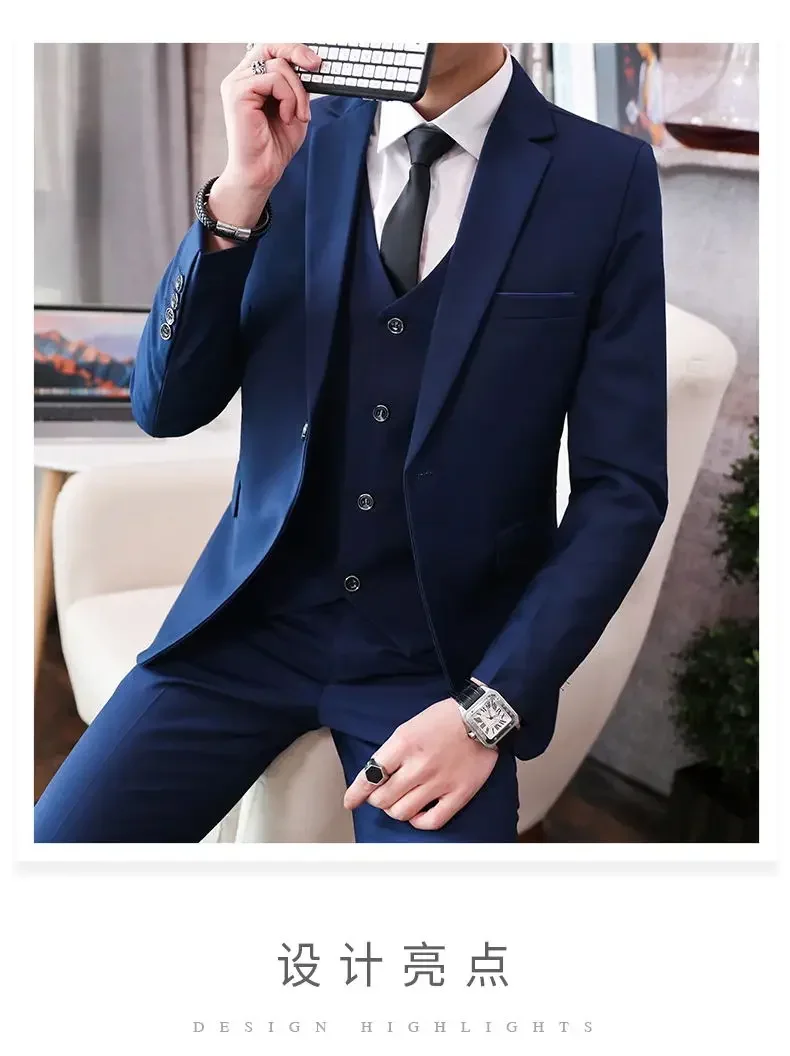 Suit (Blazer+ Vest + Pants) Men's Fashion Casual Outdoor Gentleman Business Wedding Formal Dress British Style Wedding Suit