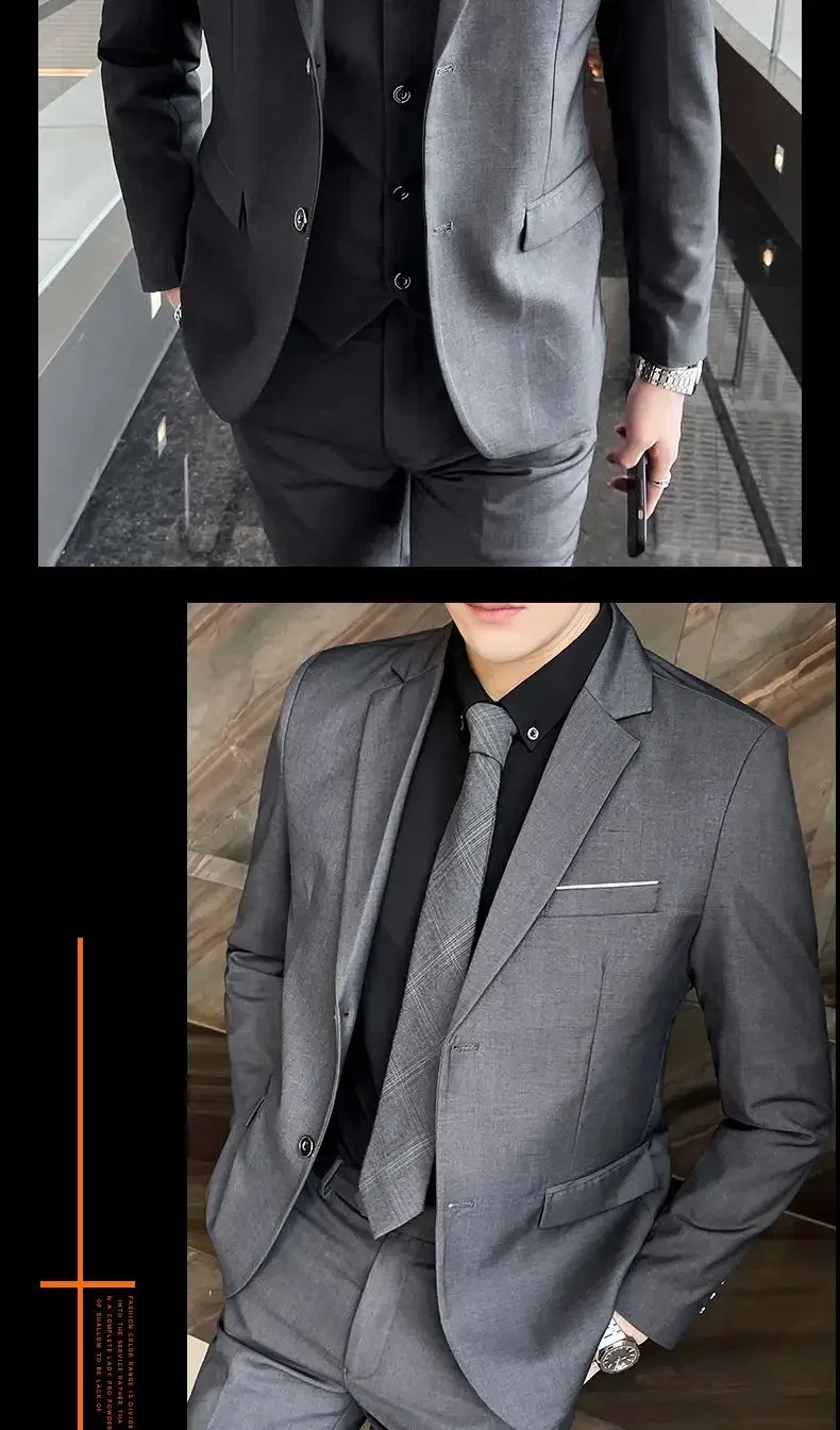 Suit (Blazer+ Vest + Pants) Men's Fashion Casual Outdoor Gentleman Business Wedding Formal Dress British Style Wedding Suit
