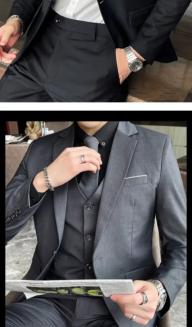 Suit (Blazer+ Vest + Pants) Men's Fashion Casual Outdoor Gentleman Business Wedding Formal Dress British Style Wedding Suit