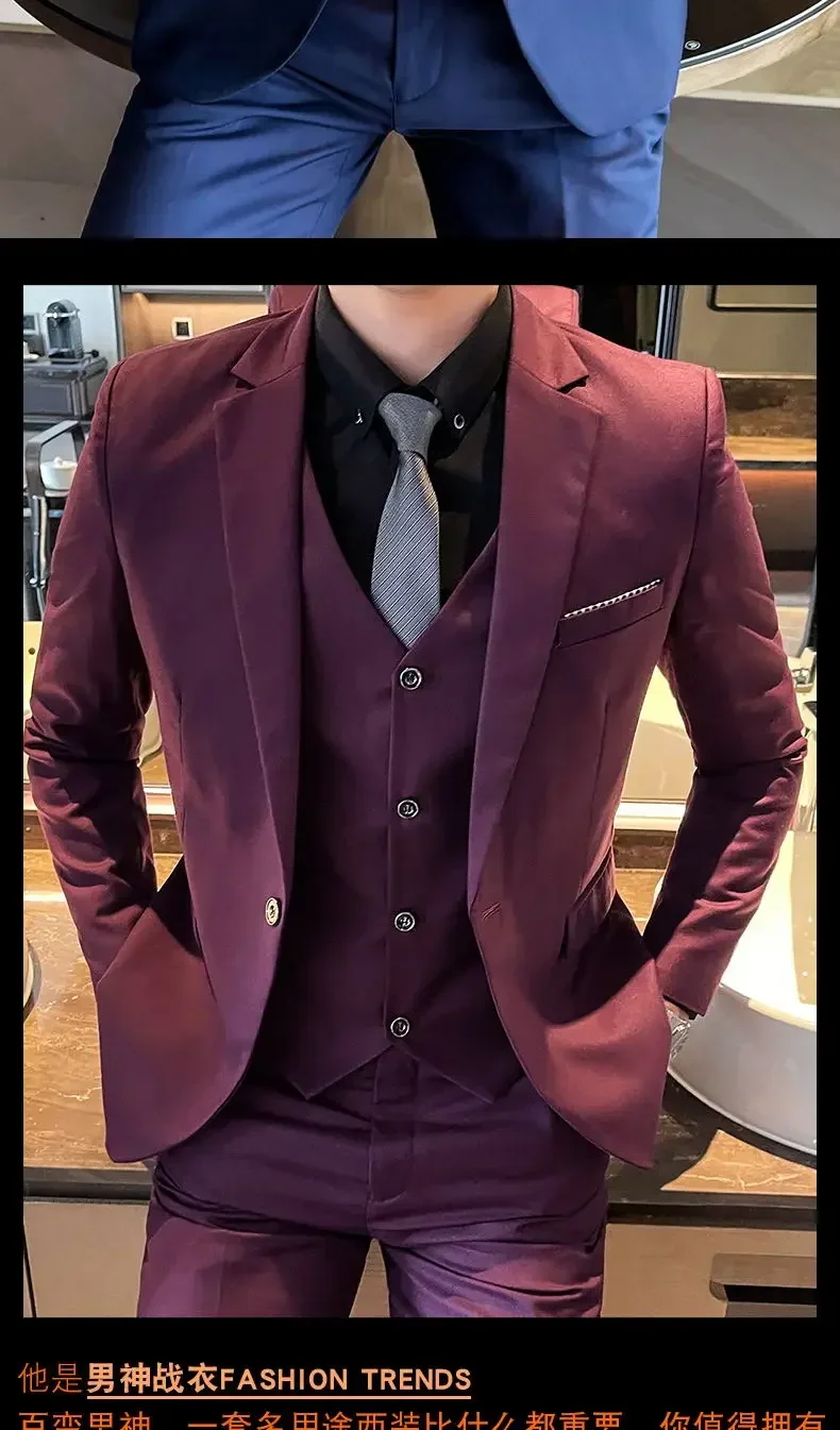 Suit (Blazer+ Vest + Pants) Men's Fashion Casual Outdoor Gentleman Business Wedding Formal Dress British Style Wedding Suit