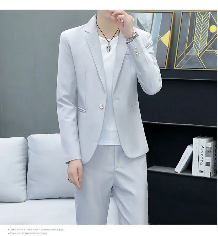 Slim Fit Two-Piece Suit Casual Business Style Solid Color Autumn Dress Suit with Trousers Included Stylish Men's Costume