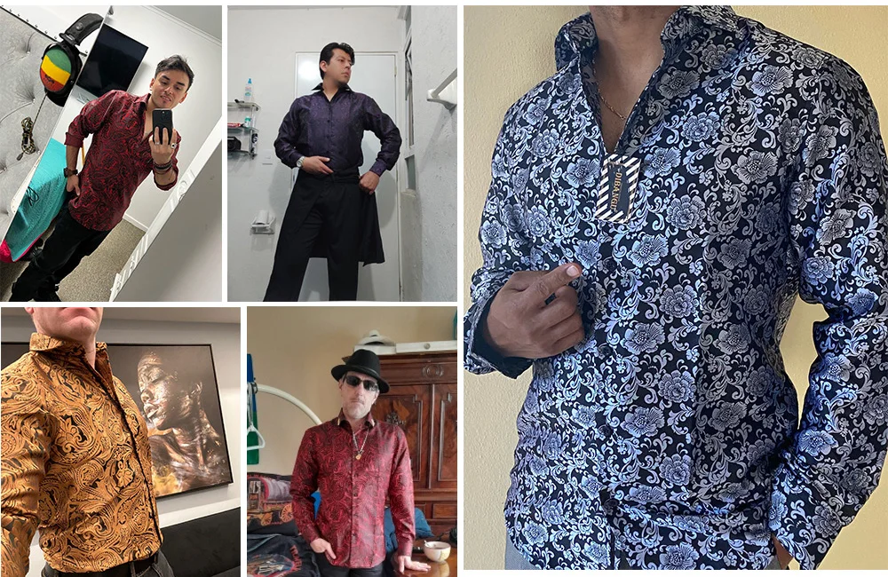 Gold Paisley Shirts for Men Long Sleeve Luxury Brand Tuxedo Wedding Party Men Clothing DiBanGu