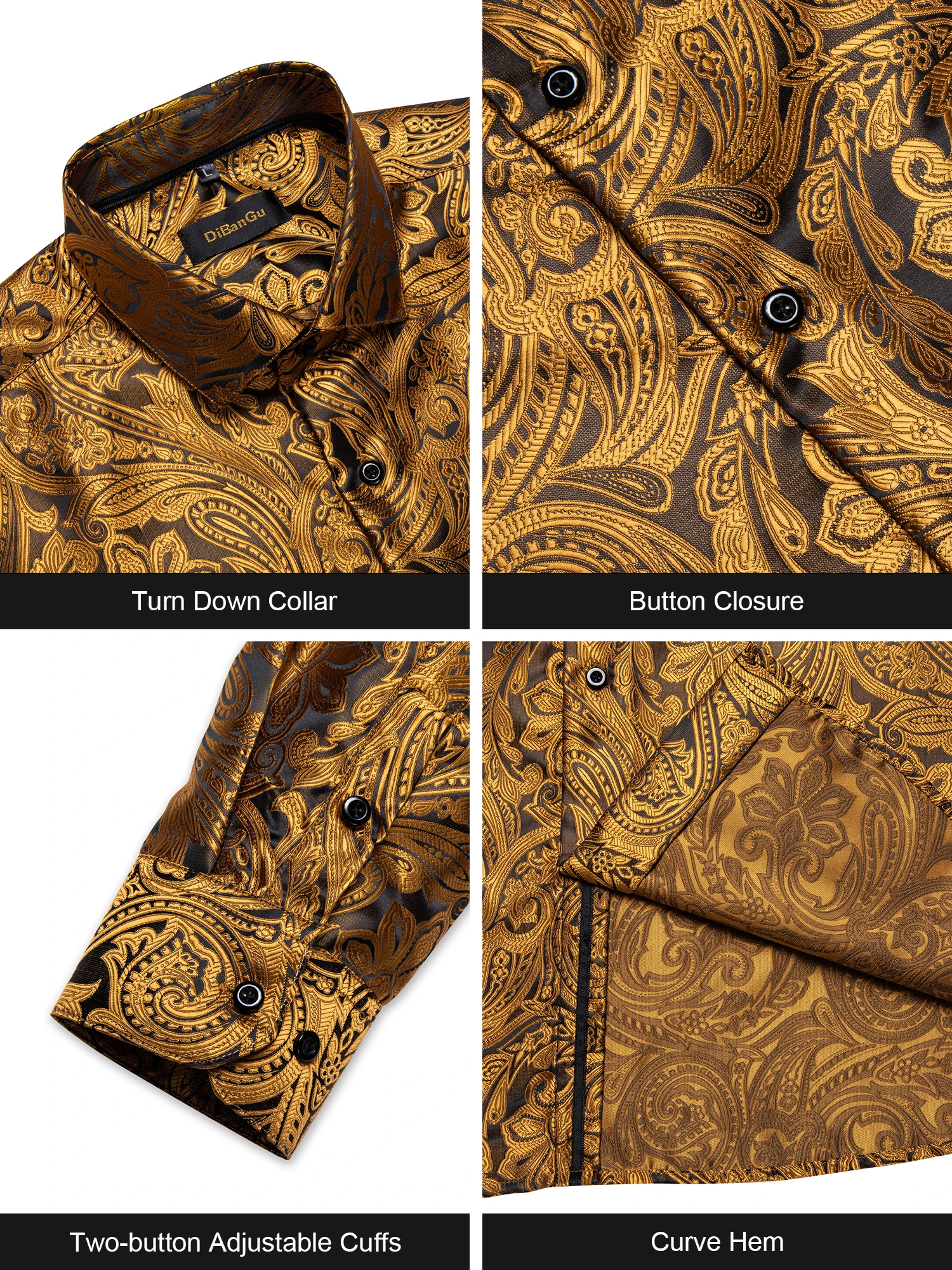 Gold Paisley Shirts for Men Long Sleeve Luxury Brand Tuxedo Wedding Party Men Clothing DiBanGu