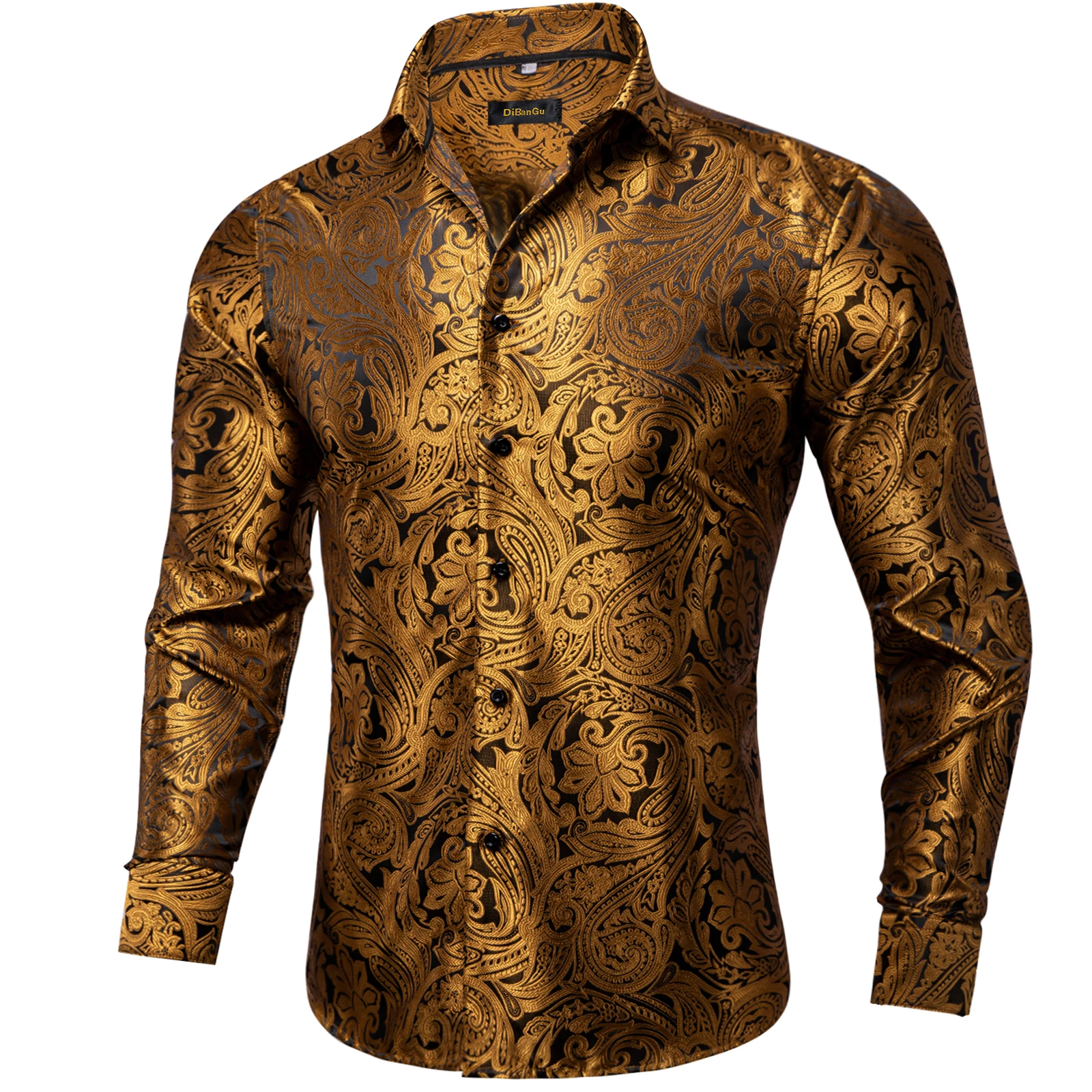 Gold Paisley Shirts for Men Long Sleeve Luxury Brand Tuxedo Wedding Party Men Clothing DiBanGu