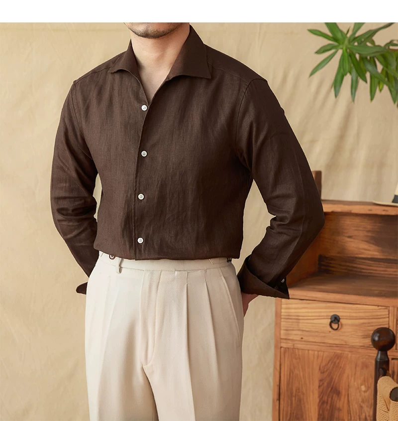 Mr. Lu San summer light breathable 100 linen one-piece collar long sleeve shirt gentry all-match white shirt men