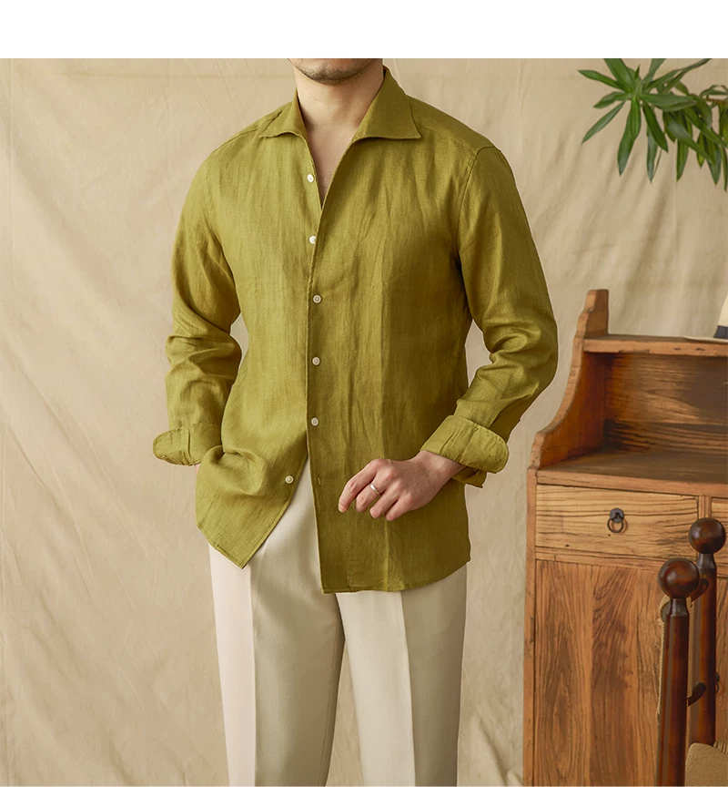 Mr. Lu San summer light breathable 100 linen one-piece collar long sleeve shirt gentry all-match white shirt men