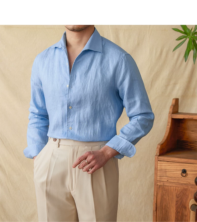 Mr. Lu San summer light breathable 100 linen one-piece collar long sleeve shirt gentry all-match white shirt men