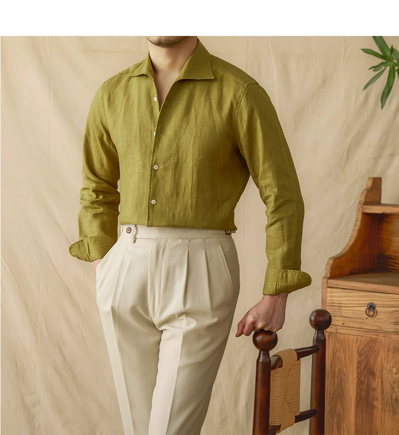 Mr. Lu San summer light breathable 100 linen one-piece collar long sleeve shirt gentry all-match white shirt men