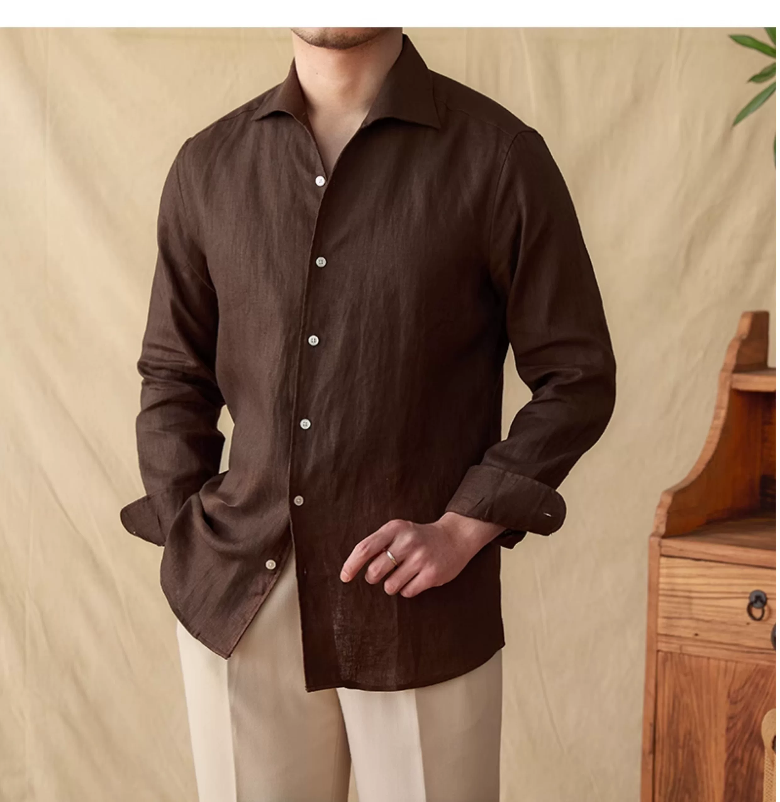 Mr. Lu San summer light breathable 100 linen one-piece collar long sleeve shirt gentry all-match white shirt men