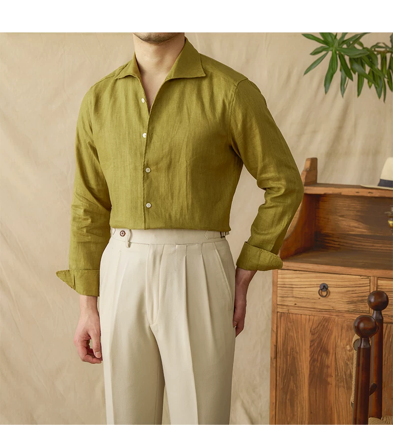Mr. Lu San summer light breathable 100 linen one-piece collar long sleeve shirt gentry all-match white shirt men