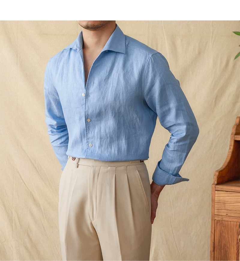 Mr. Lu San summer light breathable 100 linen one-piece collar long sleeve shirt gentry all-match white shirt men
