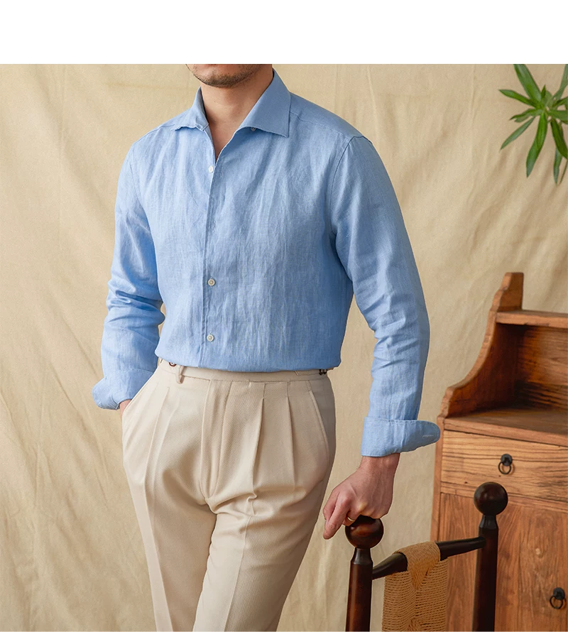 Mr. Lu San summer light breathable 100 linen one-piece collar long sleeve shirt gentry all-match white shirt men