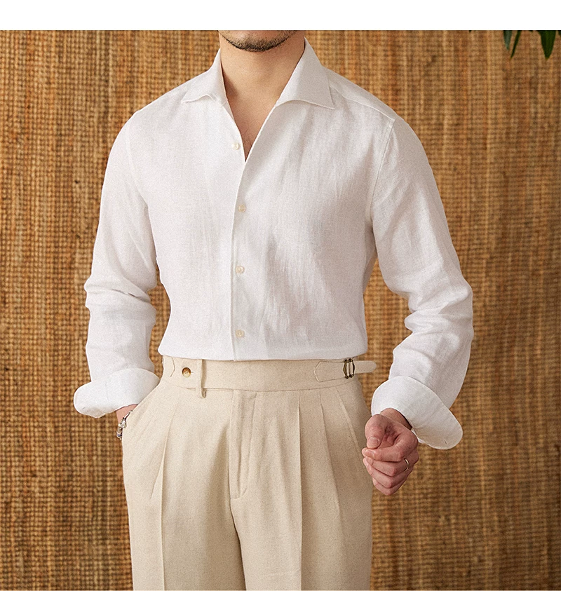 Mr. Lu San summer light breathable 100 linen one-piece collar long sleeve shirt gentry all-match white shirt men