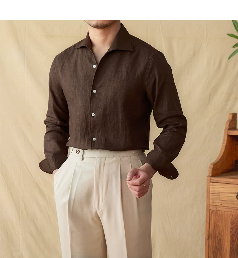 Mr. Lu San summer light breathable 100 linen one-piece collar long sleeve shirt gentry all-match white shirt men