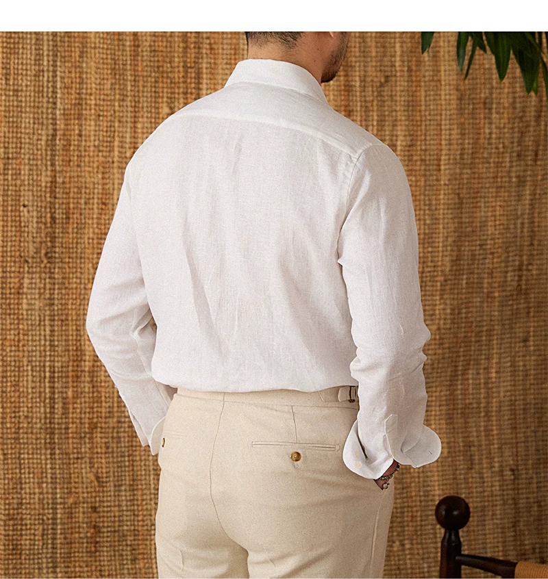 Mr. Lu San summer light breathable 100 linen one-piece collar long sleeve shirt gentry all-match white shirt men