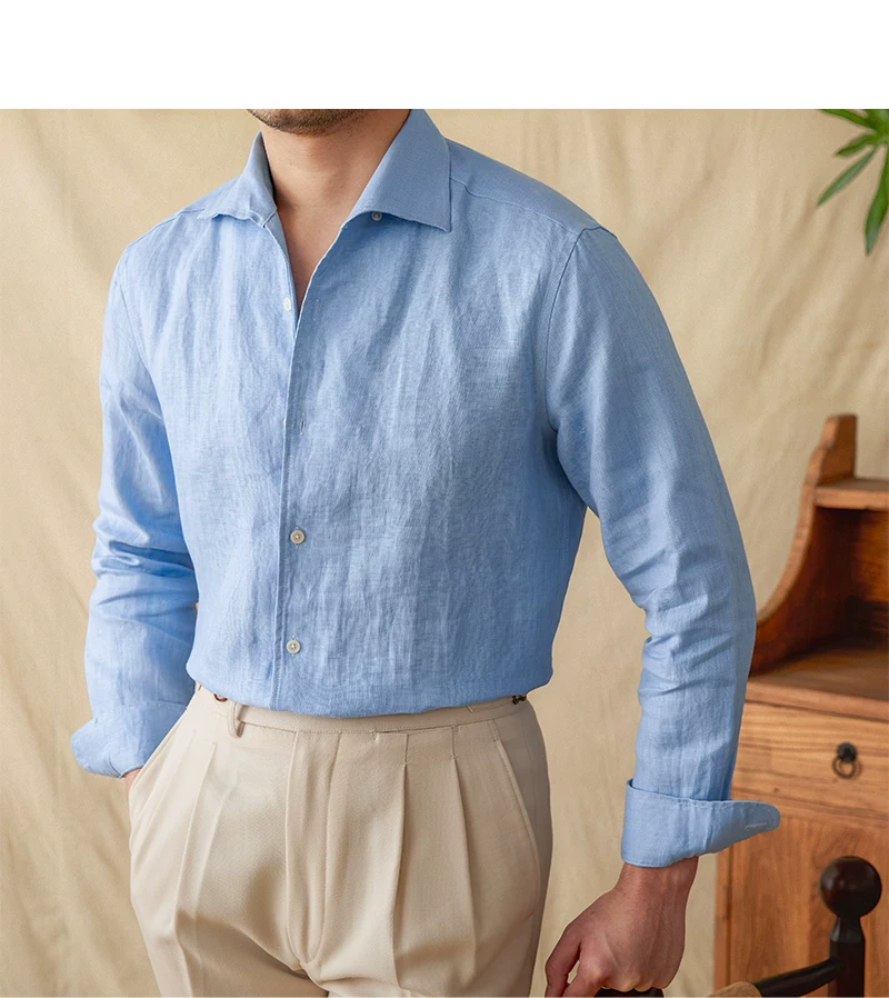 Mr. Lu San summer light breathable 100 linen one-piece collar long sleeve shirt gentry all-match white shirt men
