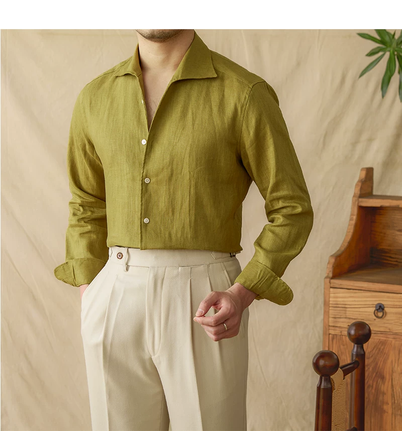 Mr. Lu San summer light breathable 100 linen one-piece collar long sleeve shirt gentry all-match white shirt men