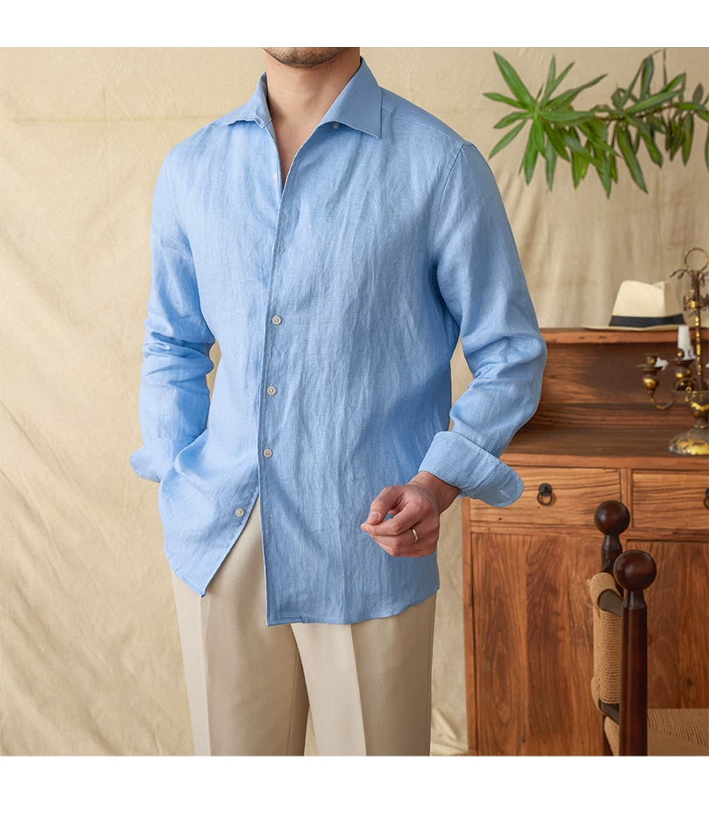 Mr. Lu San summer light breathable 100 linen one-piece collar long sleeve shirt gentry all-match white shirt men
