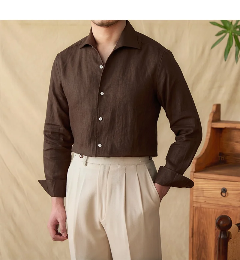 Mr. Lu San summer light breathable 100 linen one-piece collar long sleeve shirt gentry all-match white shirt men
