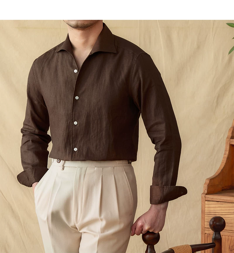 Mr. Lu San summer light breathable 100 linen one-piece collar long sleeve shirt gentry all-match white shirt men