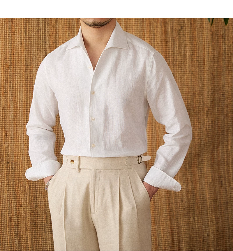 Mr. Lu San summer light breathable 100 linen one-piece collar long sleeve shirt gentry all-match white shirt men