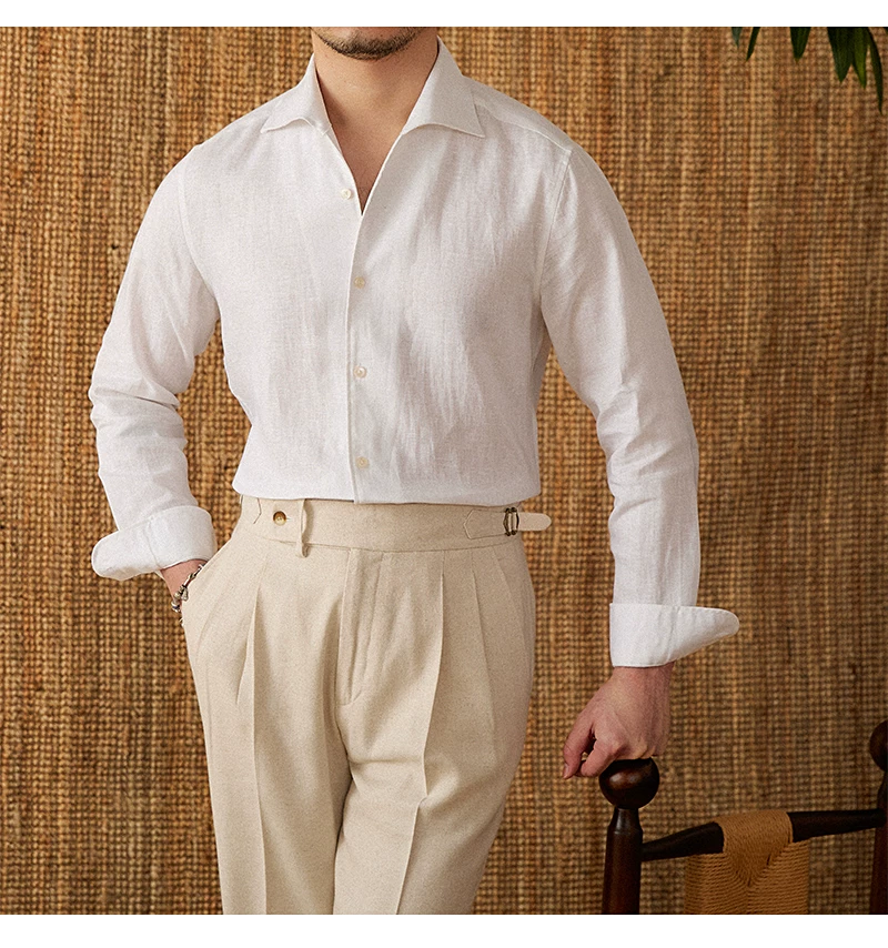 Mr. Lu San summer light breathable 100 linen one-piece collar long sleeve shirt gentry all-match white shirt men