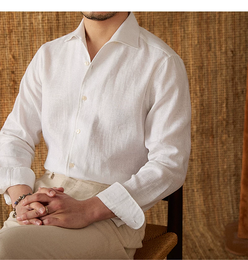 Mr. Lu San summer light breathable 100 linen one-piece collar long sleeve shirt gentry all-match white shirt men