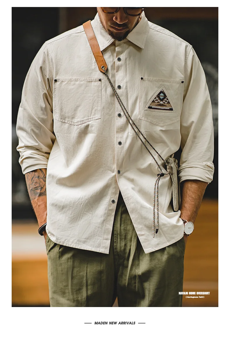 Maden Men Tooling 100% Cotton Indian Totem Shirt Japan Retro Sleeve Patchwork Pocket Turn-down Collar Single-breasted Clothing