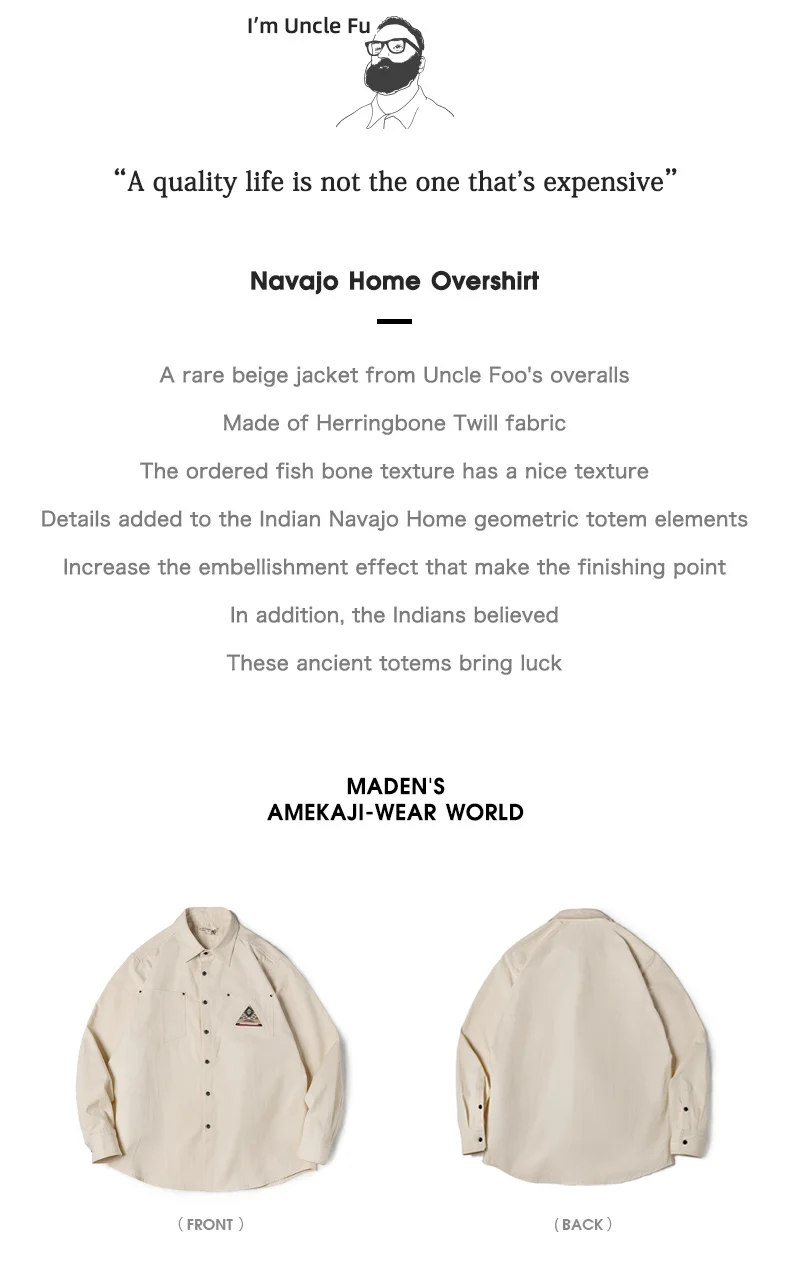 Maden Men Tooling 100% Cotton Indian Totem Shirt Japan Retro Sleeve Patchwork Pocket Turn-down Collar Single-breasted Clothing