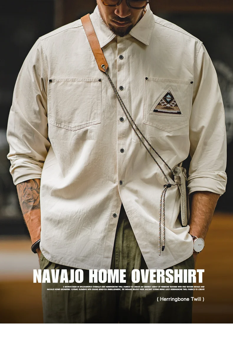 Maden Men Tooling 100% Cotton Indian Totem Shirt Japan Retro Sleeve Patchwork Pocket Turn-down Collar Single-breasted Clothing