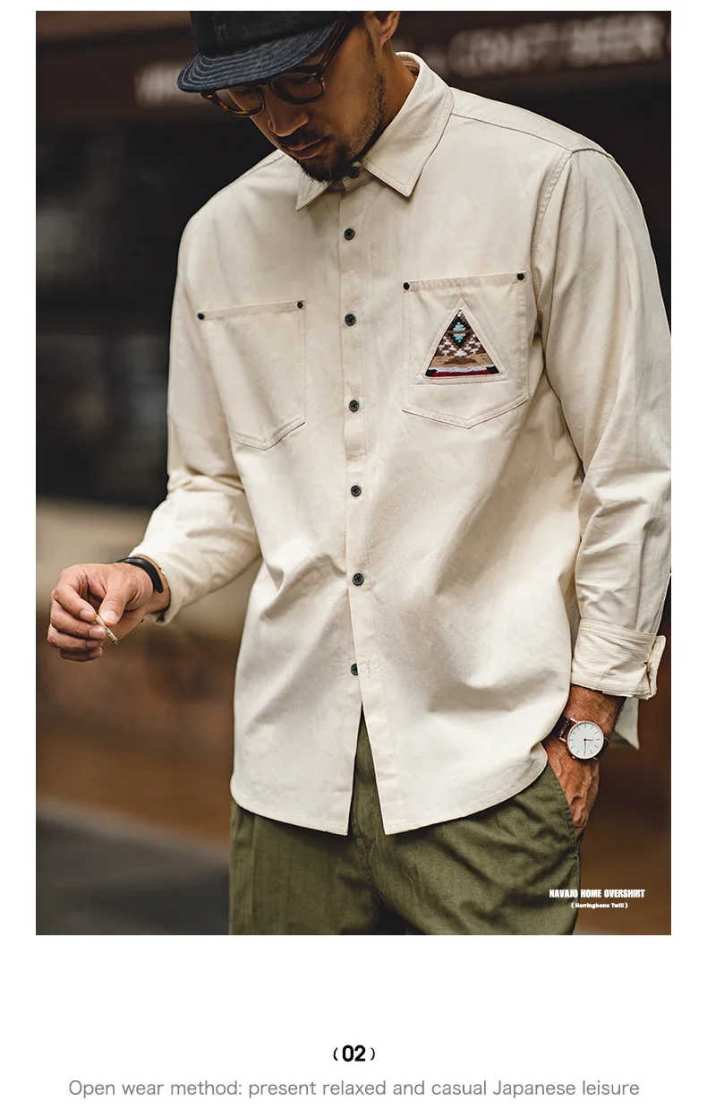 Maden Men Tooling 100% Cotton Indian Totem Shirt Japan Retro Sleeve Patchwork Pocket Turn-down Collar Single-breasted Clothing
